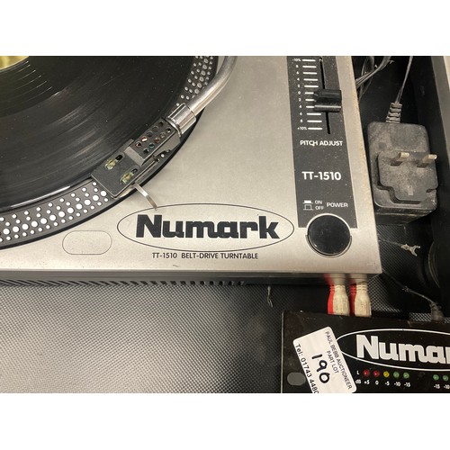 190 - 2 NUMARK RECORD DECKS,REALISTIC 4 CHANNEL MICROPHONE MIXER AND NUMARK PREAMP MIXER