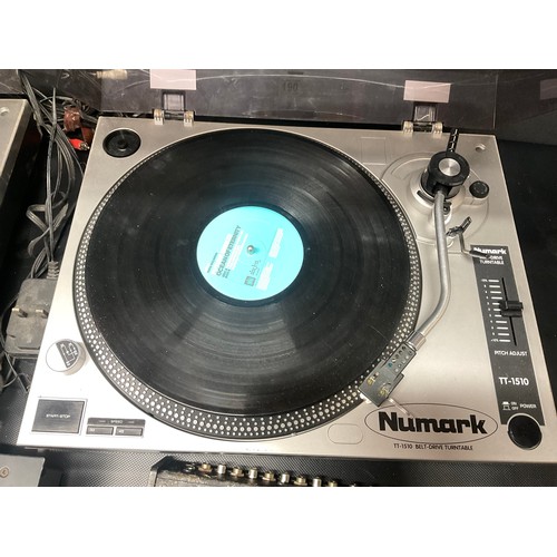 190 - 2 NUMARK RECORD DECKS,REALISTIC 4 CHANNEL MICROPHONE MIXER AND NUMARK PREAMP MIXER
