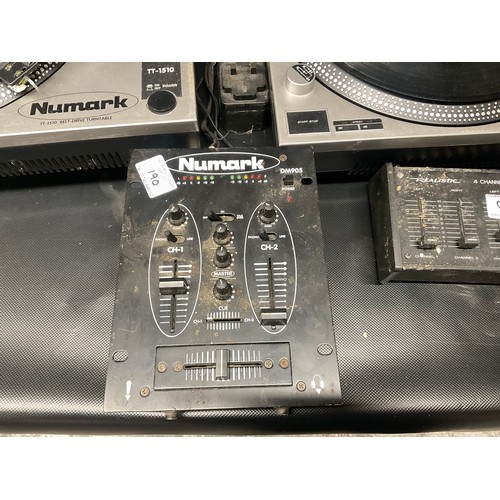 190 - 2 NUMARK RECORD DECKS,REALISTIC 4 CHANNEL MICROPHONE MIXER AND NUMARK PREAMP MIXER