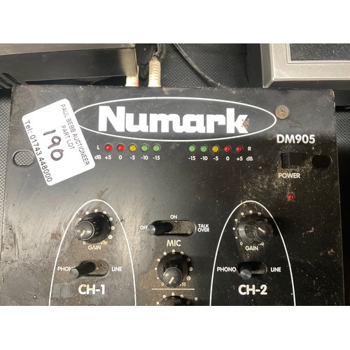 190 - 2 NUMARK RECORD DECKS,REALISTIC 4 CHANNEL MICROPHONE MIXER AND NUMARK PREAMP MIXER