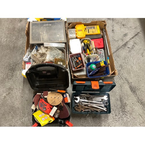 191 - BOX OF TOOLS - DRILL BITS SPANNERS SANDER ETC