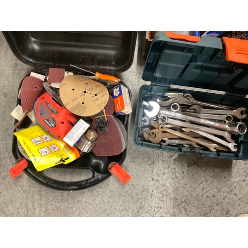 191 - BOX OF TOOLS - DRILL BITS SPANNERS SANDER ETC