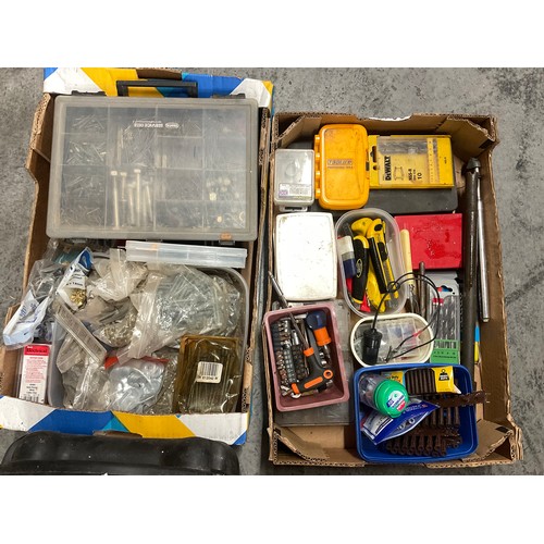 191 - BOX OF TOOLS - DRILL BITS SPANNERS SANDER ETC