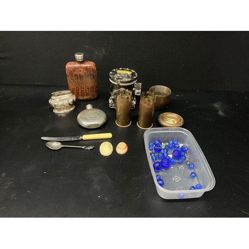 196 - BOX OF COLLECTABLES -HIP FLASK,TRENCH ART ETC