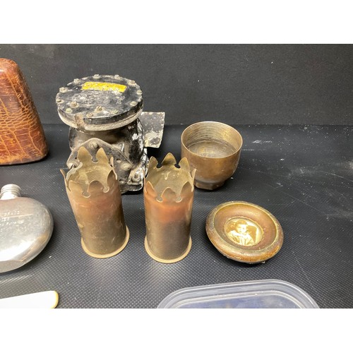 196 - BOX OF COLLECTABLES -HIP FLASK,TRENCH ART ETC