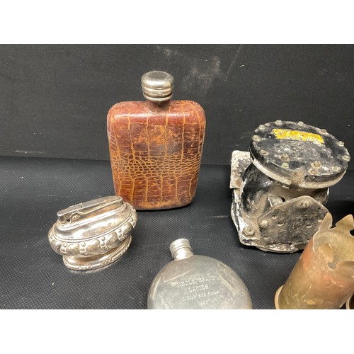 196 - BOX OF COLLECTABLES -HIP FLASK,TRENCH ART ETC