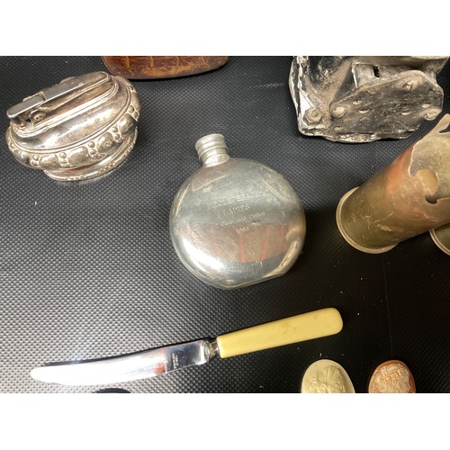 196 - BOX OF COLLECTABLES -HIP FLASK,TRENCH ART ETC