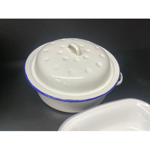 200 - LARGE JAM PAN ENAMEL DISHES ETC