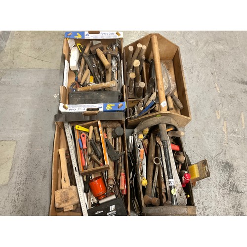 201 - 2 BOXES AND 2 HAND TRAYS OF TOOLS - SPANNERS,TROWELS,HAMMERS ETC