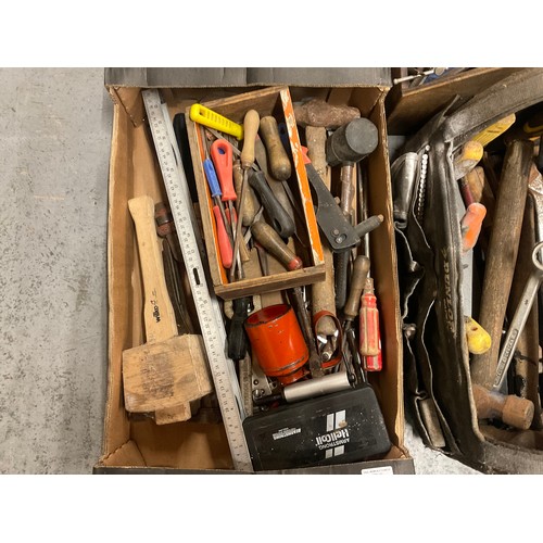 201 - 2 BOXES AND 2 HAND TRAYS OF TOOLS - SPANNERS,TROWELS,HAMMERS ETC