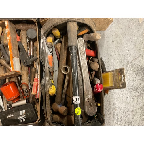 201 - 2 BOXES AND 2 HAND TRAYS OF TOOLS - SPANNERS,TROWELS,HAMMERS ETC