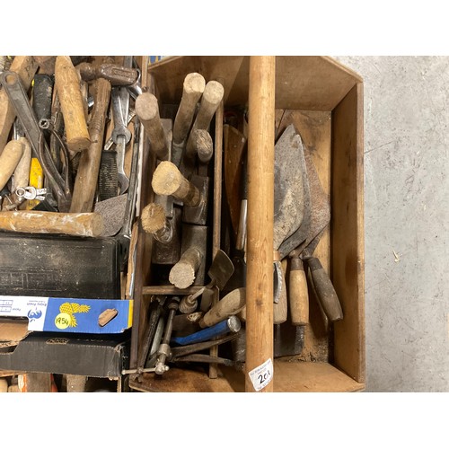 201 - 2 BOXES AND 2 HAND TRAYS OF TOOLS - SPANNERS,TROWELS,HAMMERS ETC