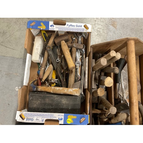 201 - 2 BOXES AND 2 HAND TRAYS OF TOOLS - SPANNERS,TROWELS,HAMMERS ETC