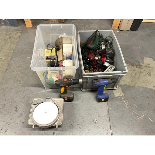 211 - 2 CRATES OF ELECTRIC TOOLS DRILLS POTTERS WHEEL ETC