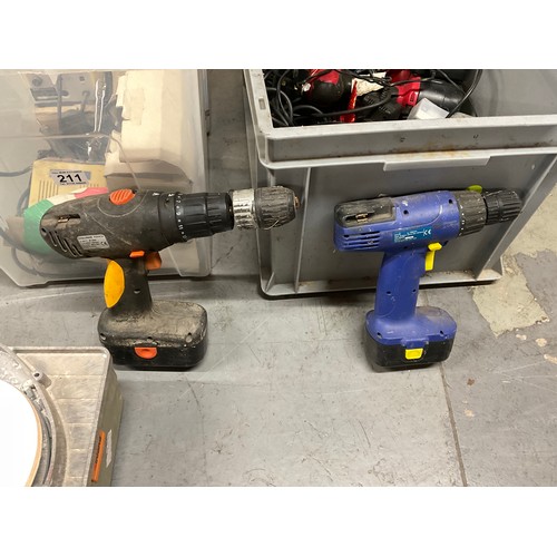 211 - 2 CRATES OF ELECTRIC TOOLS DRILLS POTTERS WHEEL ETC