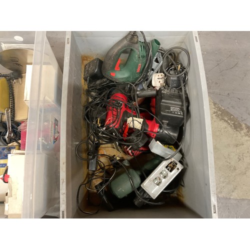 211 - 2 CRATES OF ELECTRIC TOOLS DRILLS POTTERS WHEEL ETC