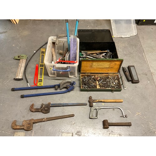 226 - CRATE AND 2 BOXES OF TOOLS AND HARDWARE - HAMMERS SPANNERS PIPE BENDERS ETC