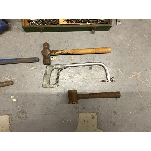 226 - CRATE AND 2 BOXES OF TOOLS AND HARDWARE - HAMMERS SPANNERS PIPE BENDERS ETC