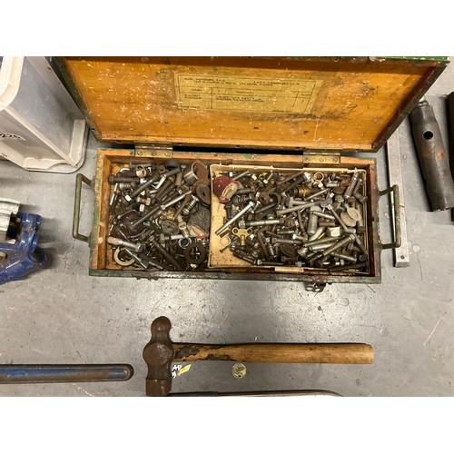 226 - CRATE AND 2 BOXES OF TOOLS AND HARDWARE - HAMMERS SPANNERS PIPE BENDERS ETC