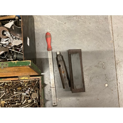 226 - CRATE AND 2 BOXES OF TOOLS AND HARDWARE - HAMMERS SPANNERS PIPE BENDERS ETC