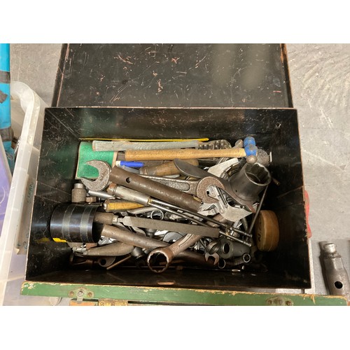 226 - CRATE AND 2 BOXES OF TOOLS AND HARDWARE - HAMMERS SPANNERS PIPE BENDERS ETC