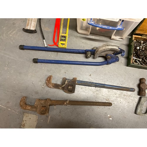 226 - CRATE AND 2 BOXES OF TOOLS AND HARDWARE - HAMMERS SPANNERS PIPE BENDERS ETC