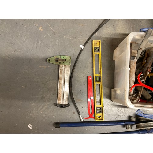 226 - CRATE AND 2 BOXES OF TOOLS AND HARDWARE - HAMMERS SPANNERS PIPE BENDERS ETC