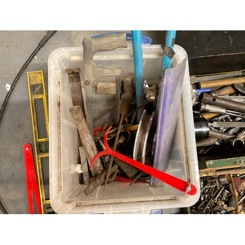 226 - CRATE AND 2 BOXES OF TOOLS AND HARDWARE - HAMMERS SPANNERS PIPE BENDERS ETC