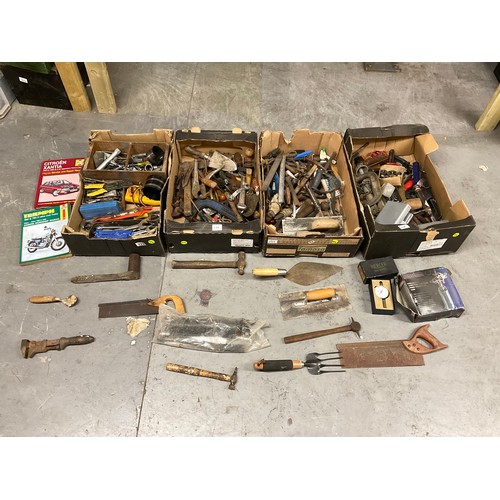 229 - 3 BOXES OF VINTAGE HAND TOOLS -SPANNERS,HAMMERS,SOCKETS,DRILL BITS ETC