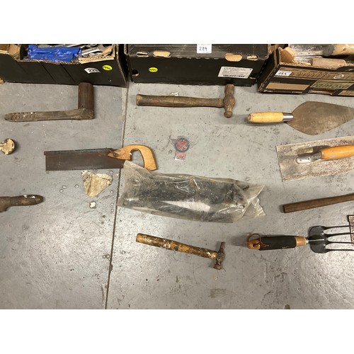229 - 3 BOXES OF VINTAGE HAND TOOLS -SPANNERS,HAMMERS,SOCKETS,DRILL BITS ETC