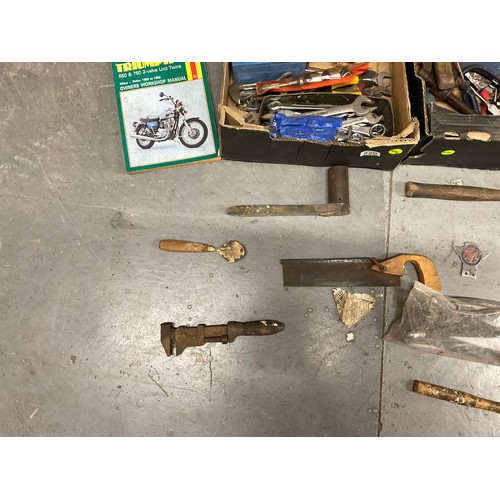 229 - 3 BOXES OF VINTAGE HAND TOOLS -SPANNERS,HAMMERS,SOCKETS,DRILL BITS ETC