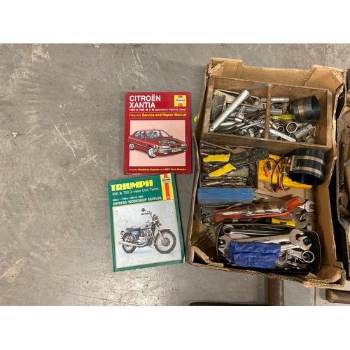 229 - 3 BOXES OF VINTAGE HAND TOOLS -SPANNERS,HAMMERS,SOCKETS,DRILL BITS ETC