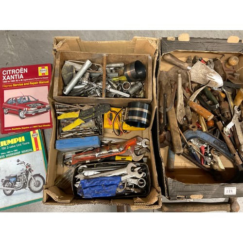 229 - 3 BOXES OF VINTAGE HAND TOOLS -SPANNERS,HAMMERS,SOCKETS,DRILL BITS ETC