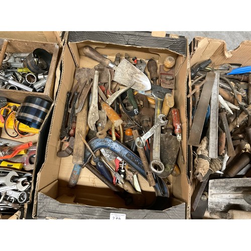 229 - 3 BOXES OF VINTAGE HAND TOOLS -SPANNERS,HAMMERS,SOCKETS,DRILL BITS ETC