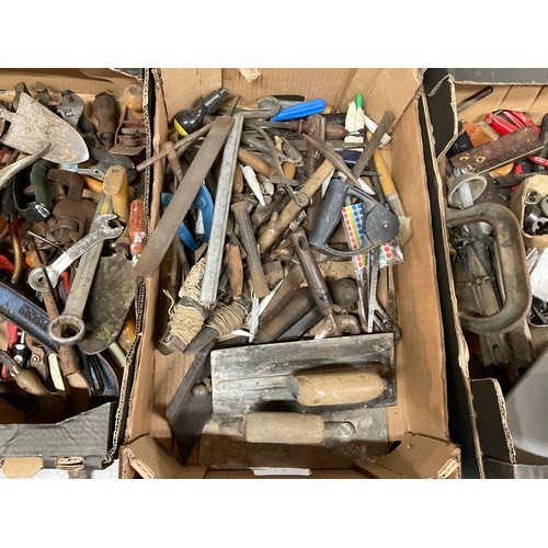 229 - 3 BOXES OF VINTAGE HAND TOOLS -SPANNERS,HAMMERS,SOCKETS,DRILL BITS ETC
