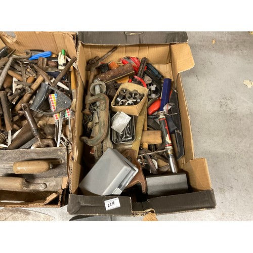 229 - 3 BOXES OF VINTAGE HAND TOOLS -SPANNERS,HAMMERS,SOCKETS,DRILL BITS ETC