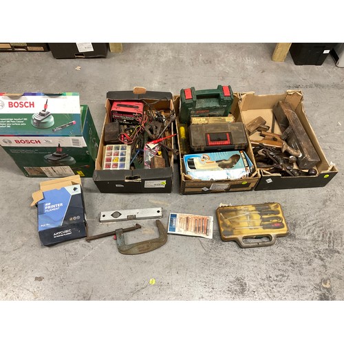 233 - 3 BOXES OF TOOLS HARDWARE TOOL BOXES AND BOSCH PATIO CLEANER ATTACHMENT ETC