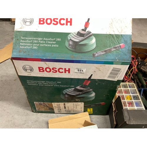 233 - 3 BOXES OF TOOLS HARDWARE TOOL BOXES AND BOSCH PATIO CLEANER ATTACHMENT ETC