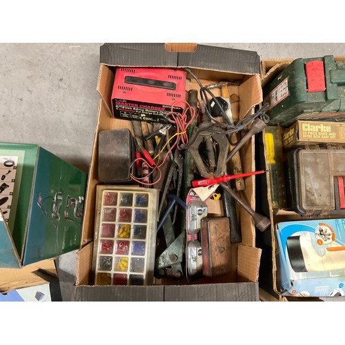 233 - 3 BOXES OF TOOLS HARDWARE TOOL BOXES AND BOSCH PATIO CLEANER ATTACHMENT ETC