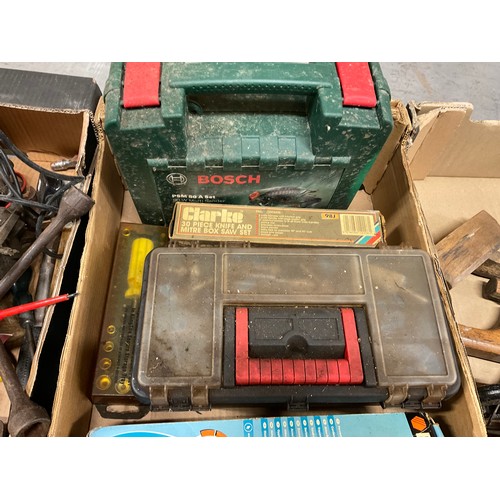 233 - 3 BOXES OF TOOLS HARDWARE TOOL BOXES AND BOSCH PATIO CLEANER ATTACHMENT ETC