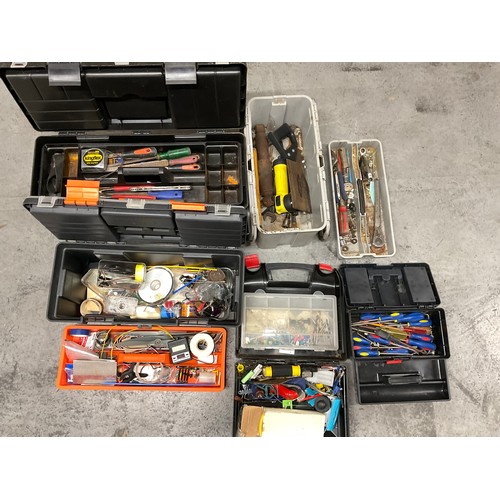 237 - 4 TOOL BOXES WITH CONTENTS AND DRILL CASE OF TOOLS AND HARDWARE