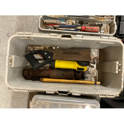 237 - 4 TOOL BOXES WITH CONTENTS AND DRILL CASE OF TOOLS AND HARDWARE