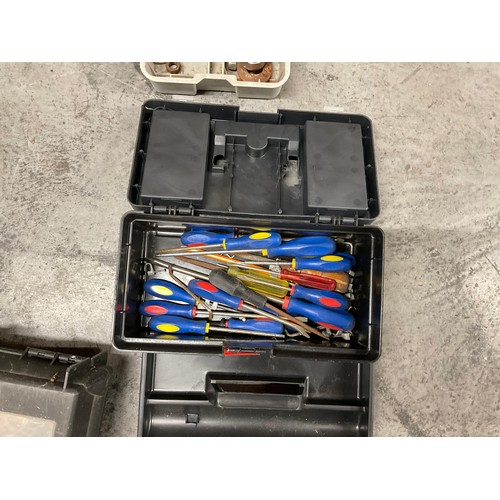 237 - 4 TOOL BOXES WITH CONTENTS AND DRILL CASE OF TOOLS AND HARDWARE