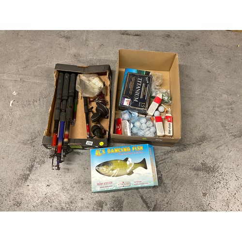 238 - BOX OF RETRACTABLE FISHING RODS AND REELS,BOX OF GOLF BALLS AND BOXED SINGING FISH