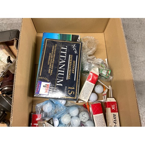 238 - BOX OF RETRACTABLE FISHING RODS AND REELS,BOX OF GOLF BALLS AND BOXED SINGING FISH