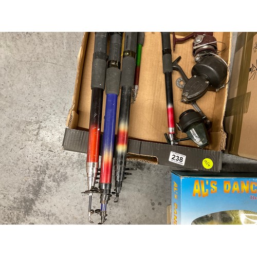 238 - BOX OF RETRACTABLE FISHING RODS AND REELS,BOX OF GOLF BALLS AND BOXED SINGING FISH