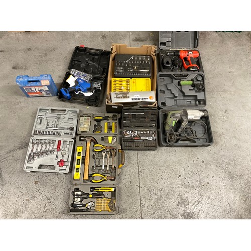 239 - 2 BOXES OF ELECTRIC TOOLS -BATTERY DRILLS,SANDER,SOCKET SETS,TOOL KITS,SNOW CHAINS ETC