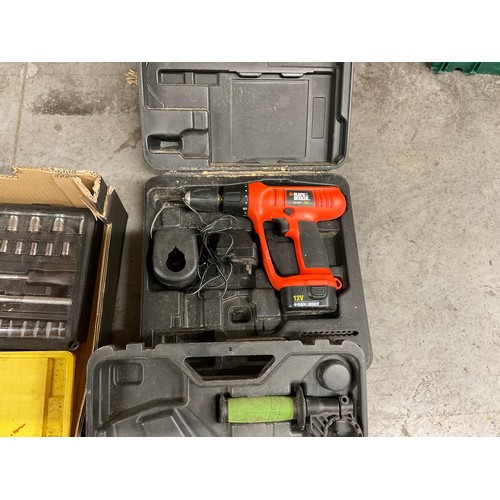 239 - 2 BOXES OF ELECTRIC TOOLS -BATTERY DRILLS,SANDER,SOCKET SETS,TOOL KITS,SNOW CHAINS ETC