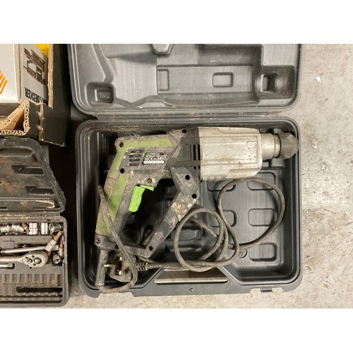 239 - 2 BOXES OF ELECTRIC TOOLS -BATTERY DRILLS,SANDER,SOCKET SETS,TOOL KITS,SNOW CHAINS ETC