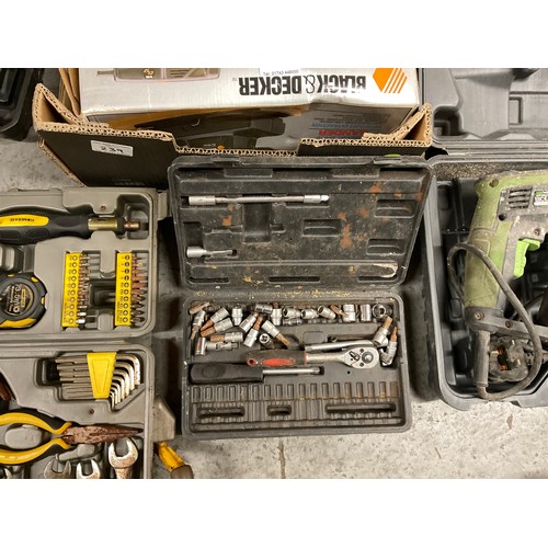 239 - 2 BOXES OF ELECTRIC TOOLS -BATTERY DRILLS,SANDER,SOCKET SETS,TOOL KITS,SNOW CHAINS ETC